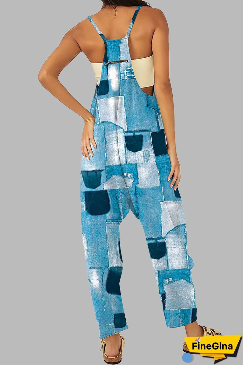 Black khaki Casual Gradual Change Print Patchwork Pocket Zipper Spaghetti Strap Loose Jumpsuits