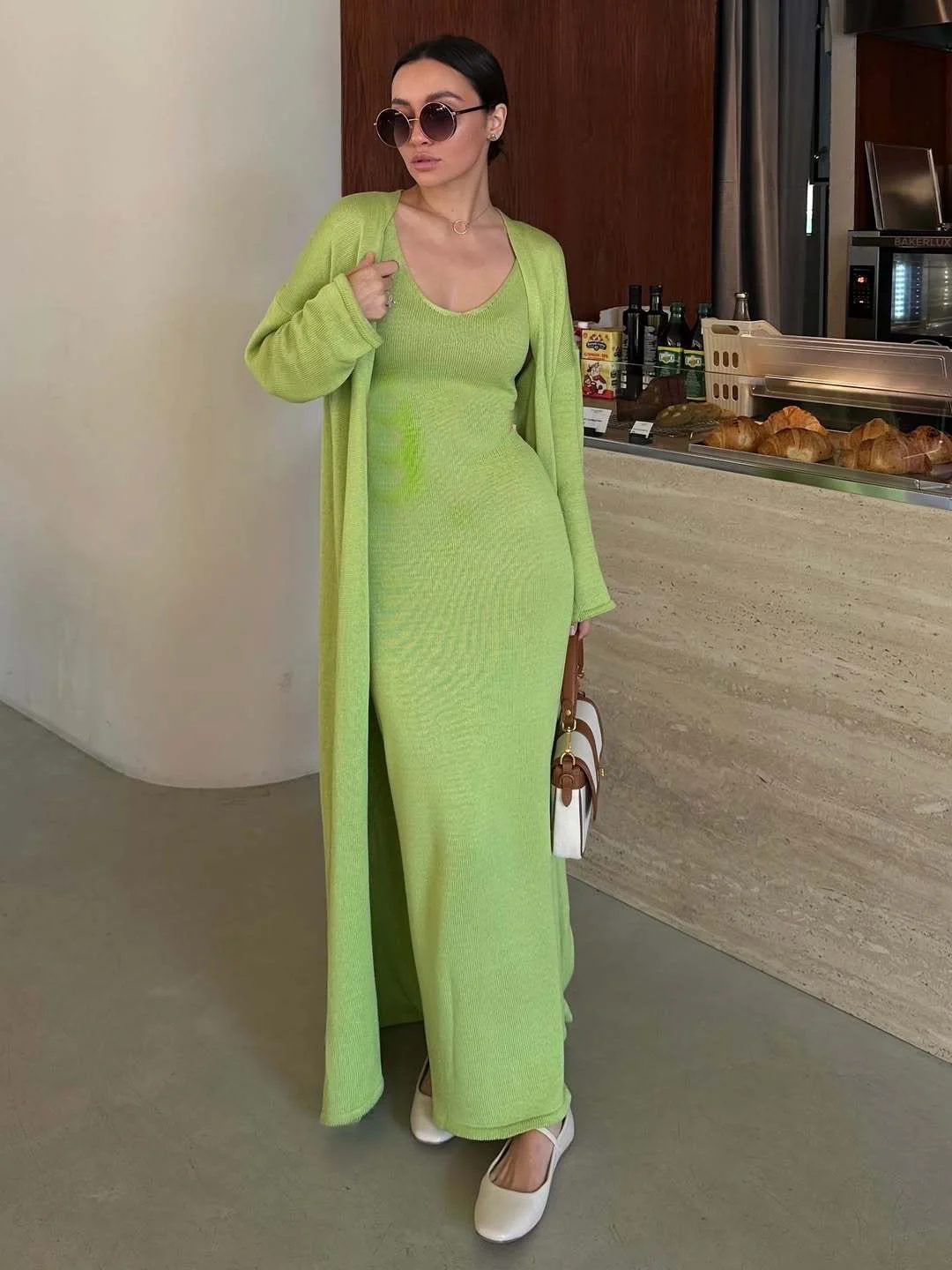 Athvotar Athvotar Hot Cotton Knitted Hollow Vest Long Dress + Long Sleeve Open Shirt Set Women's Soft Knitted Shirt