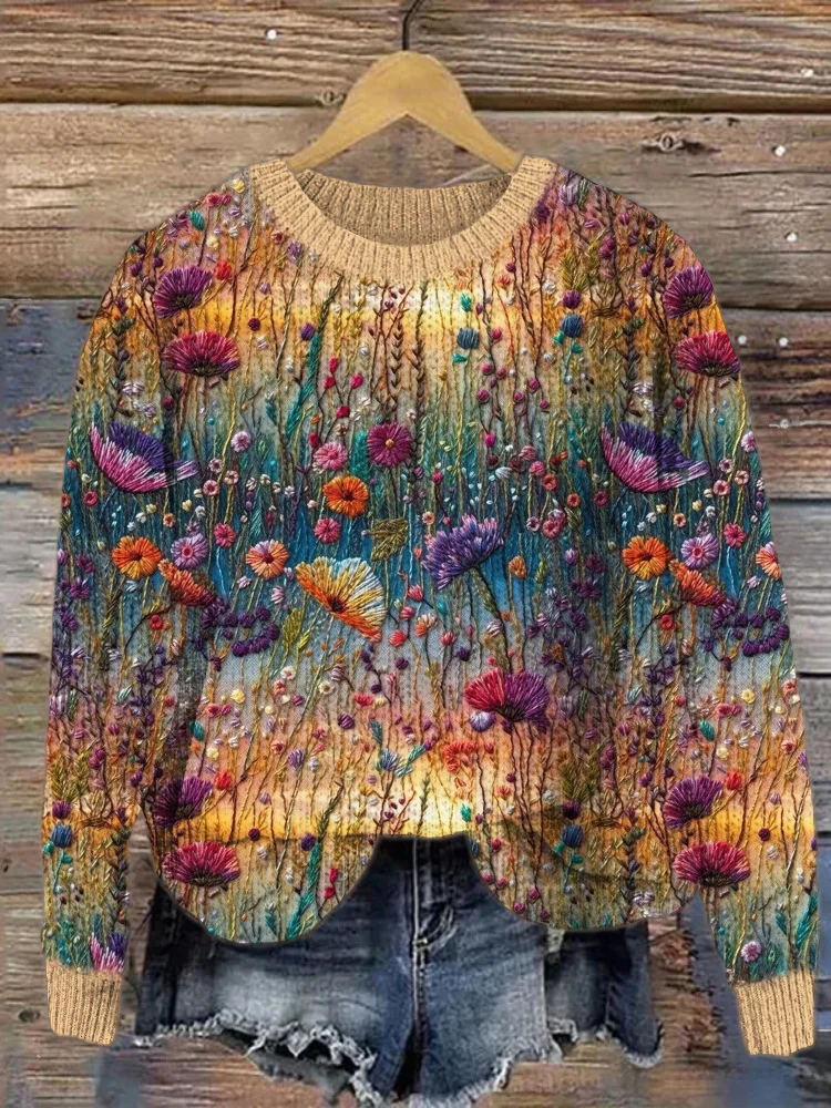 VChics Gradient Floral Embroidery Art Cozy Sweater