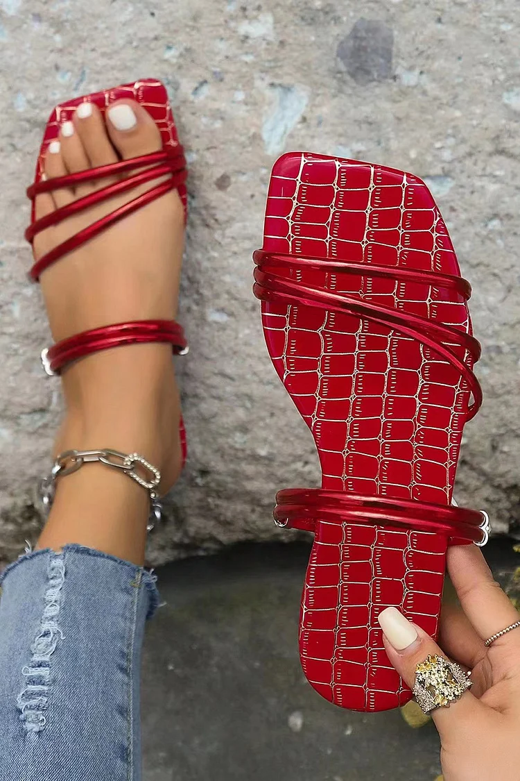 Metallic Crocodile Embossed Square Toe Strappy Slippers-Gold