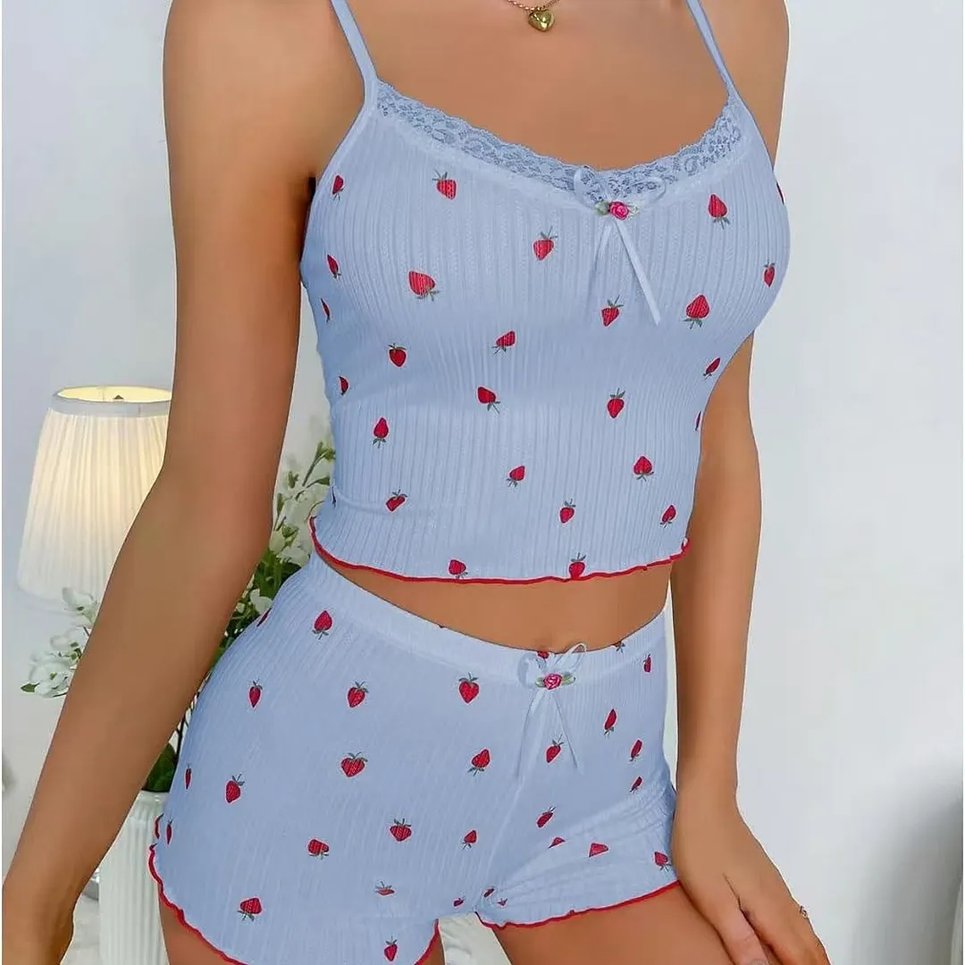 Churchf Summer New Large Print Pit Strip Home Lady Bow Slings Shorts Strawberry Print Two Sets