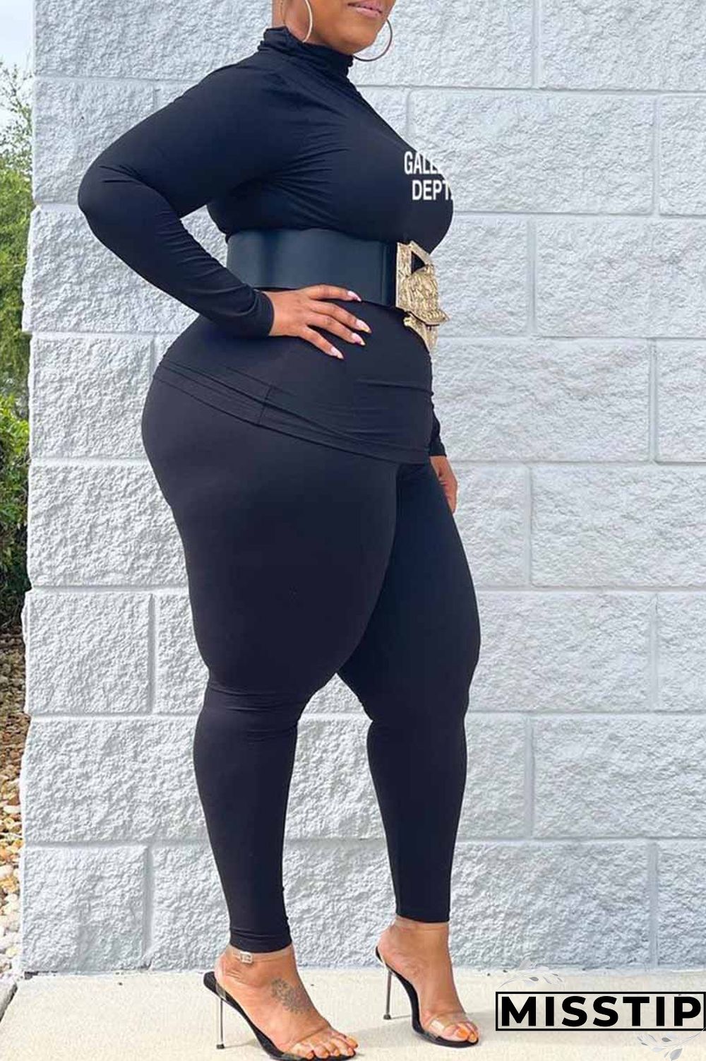 Black Casual Print Letter Turtleneck Plus Size Two Pieces