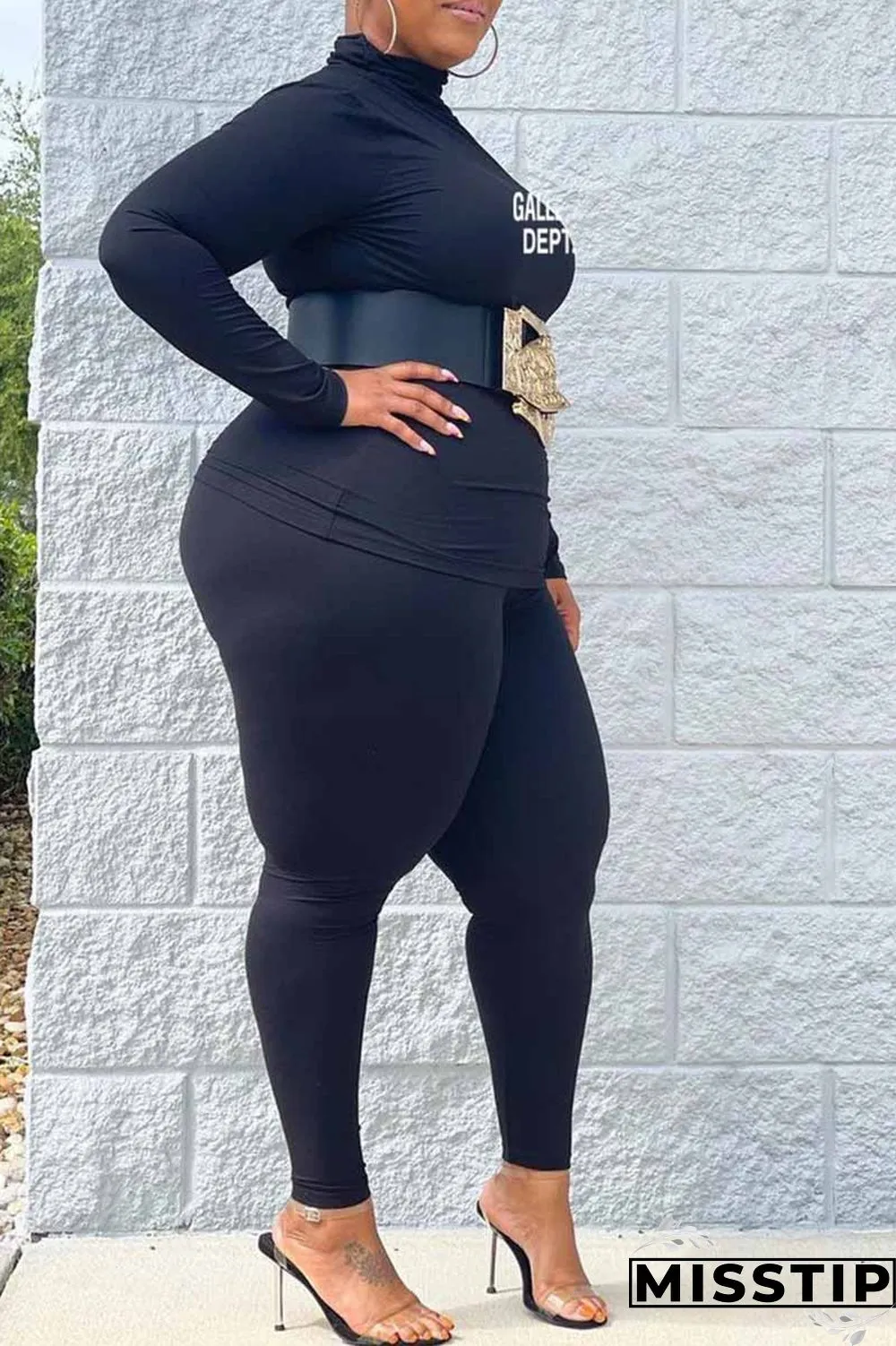 Black Casual Print Letter Turtleneck Plus Size Two Pieces