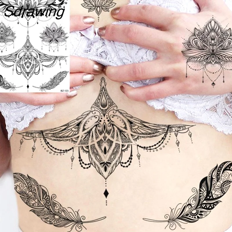 Sdrawing Henna Temporary Tattoos For Women Girls Feather Butterfly DreamCatcher Fake Gem Tattoo Sticker Chest Arm Tatoos Tribal 328-1