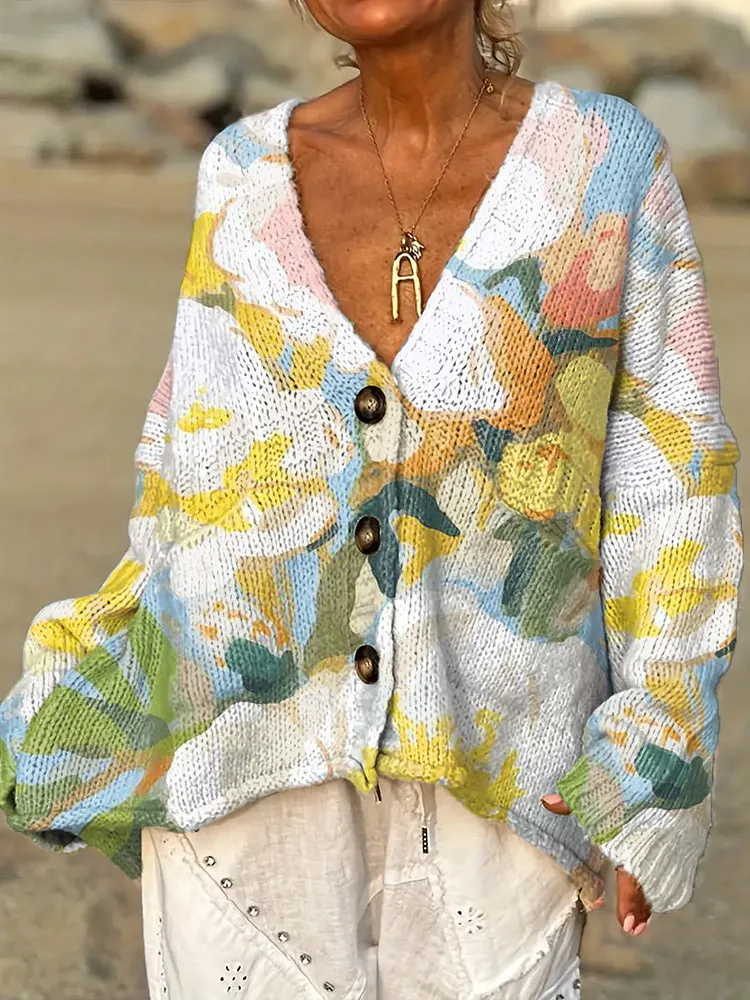 Women's Beautiful Large Flower Painting Art Print Casual Pullover Sweater
