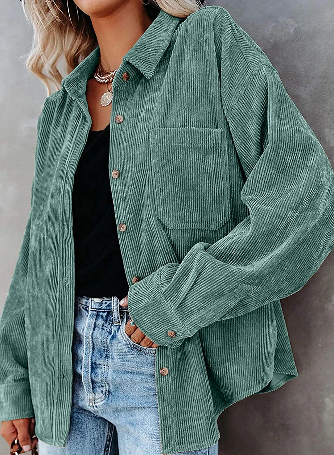 MIHOLL Women Corduroy Long Sleeve Button Down Collared Shirt Jacket Tops