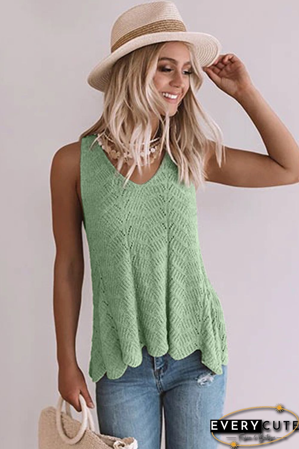 Green Flowy Scalloped Hemline Knit Tank Top