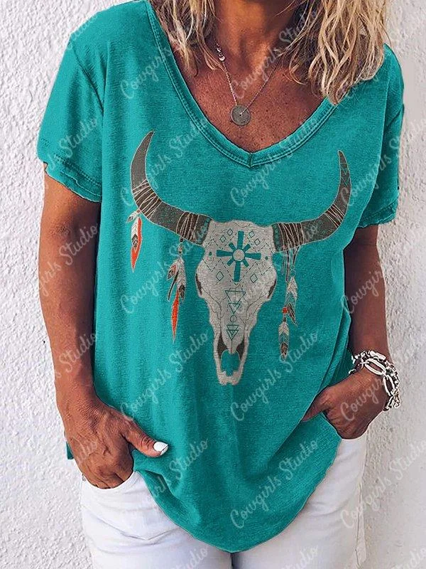 V-Neck bull's head print Top