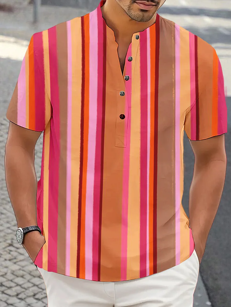Men's Multicolor Stripes Pattern Print Half Button Shirt