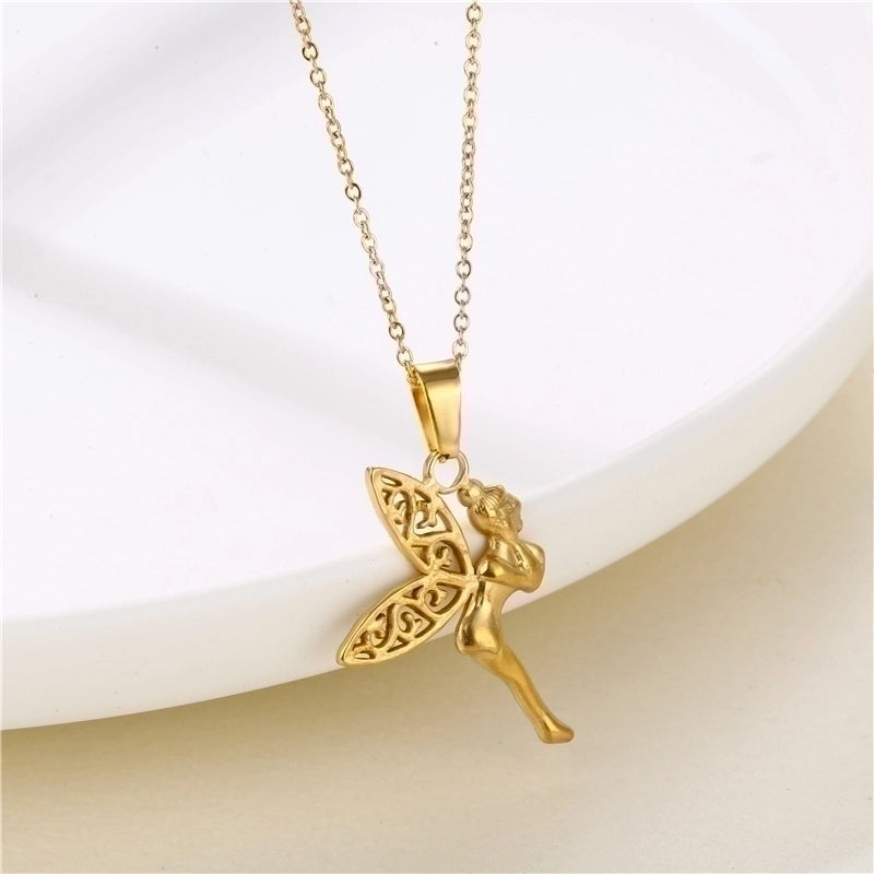 Stainless Steel Titanium Steel 18K Gold Plated Shiny Plating Inlay Rabbit Angel Snake Zircon Pendant Necklace