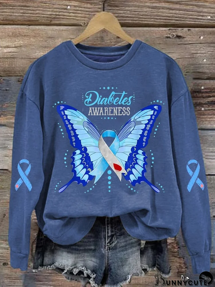 Women's Diabetes Awareness Blue Ribbon Butterfly Print Long Sleeve Sweatshirt