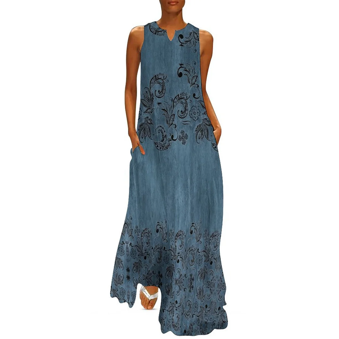Style & Comfort for Mature Women Plus Size Printed Sleeveless Casual Women Maxi Dress with Pockets in Pattern Floral, Blue