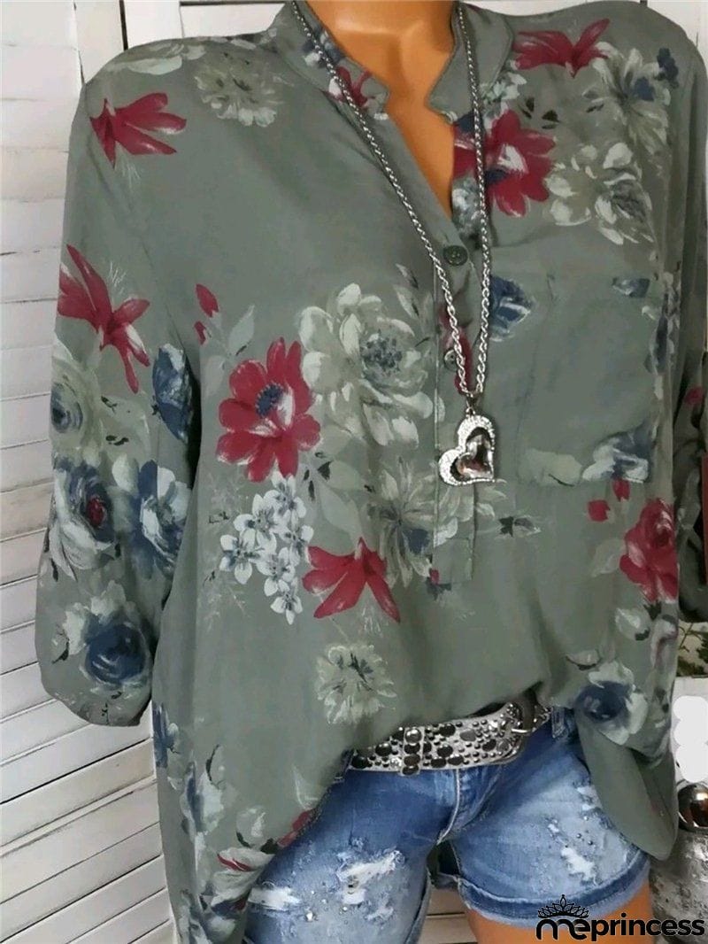 Women's Beautiful Floral Printed Long Sleeve V neck Blouses