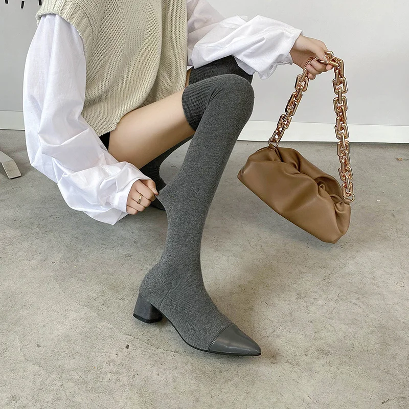 Wongn Wongn Stockings Boots Pointed Thin Boots Women Long Tube Knitting Wool Elastic Socks Boots Thick Heel High Heels Over The Knee Boots Women