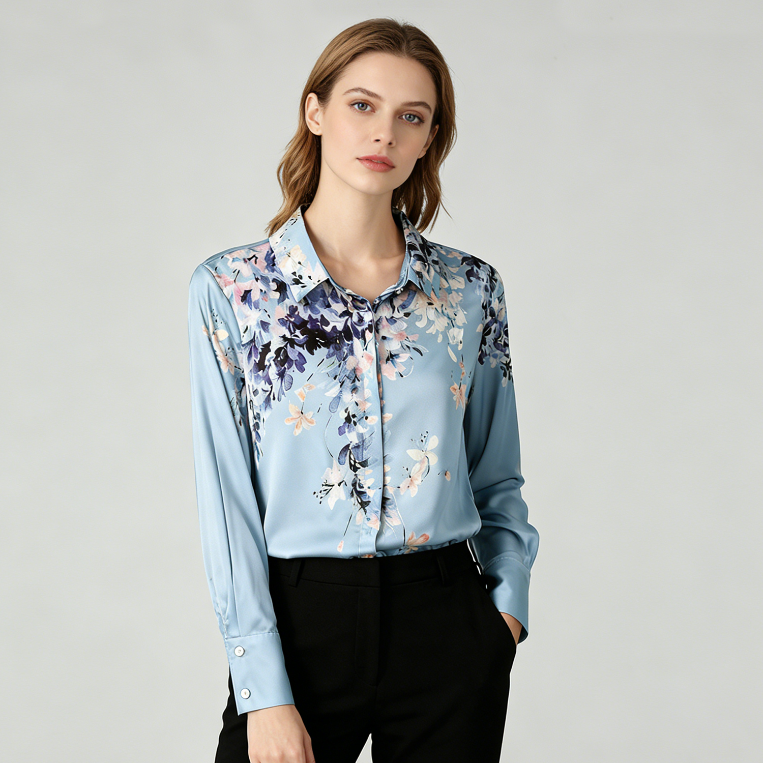 Blue Print Silk Blouses For Women Elegant Long Sleeves REAL SILK LIFE