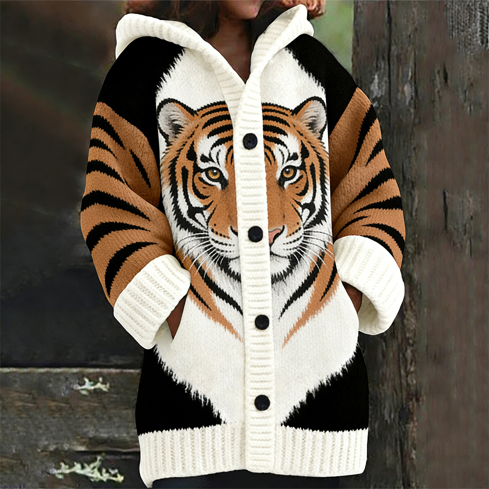 Tiger Leopard Pattern Retro Color-blocked Long Hooded Sweater wearshes