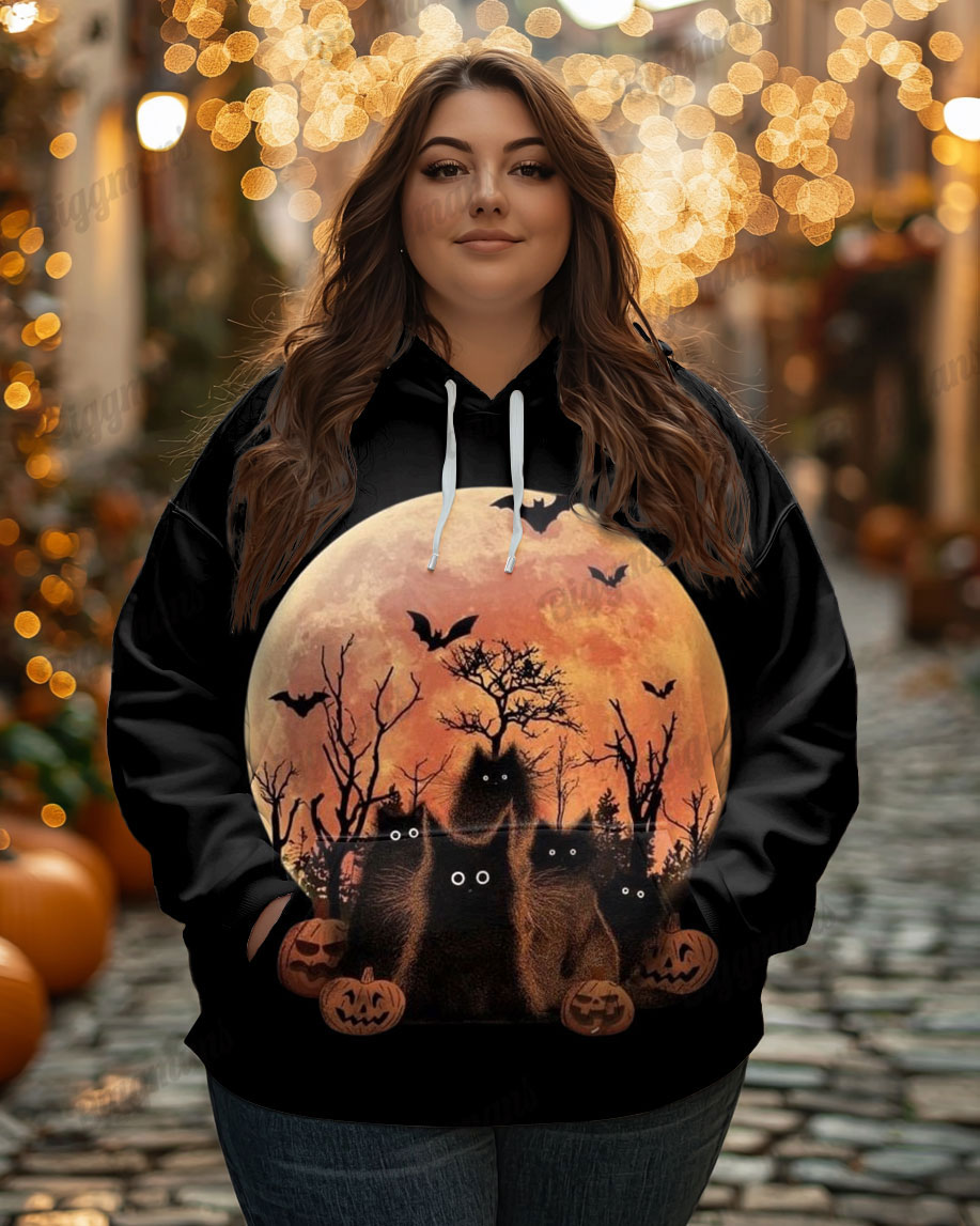 Plus Size Halloween Black Cat Print Casual Long Sleeve Hoodie