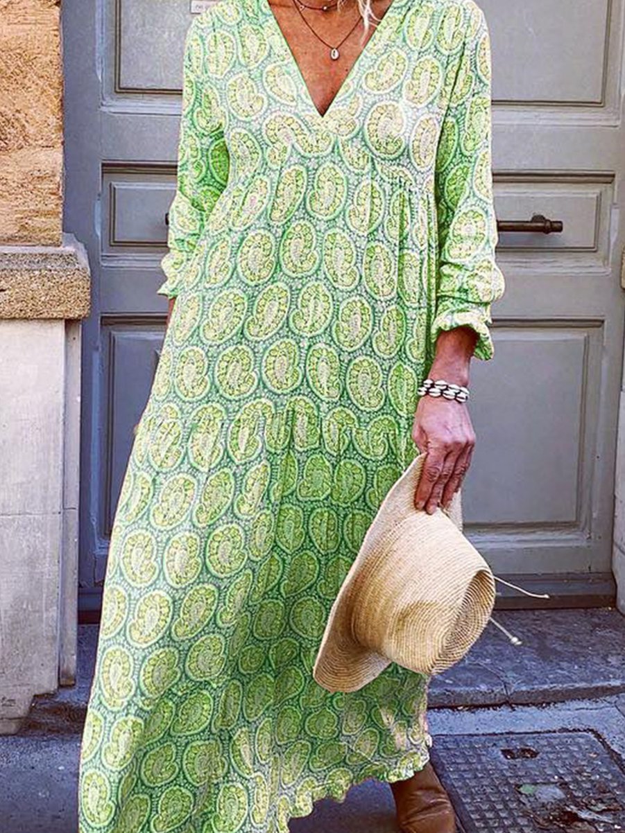 Holiday Style Printed Deep V Neck Dress,
