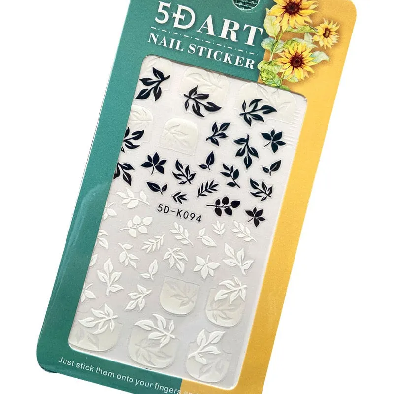 White Embossed Flower Lace 5D Sticker Decals Leaf Geometry French Curve Design For Manicure Sliders Acrylic Engraved Sliders
