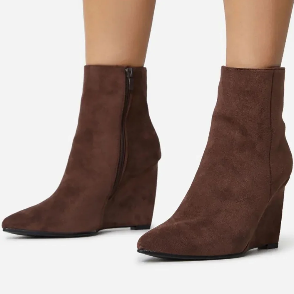 Brown Suede Pointed Toe Booties Women's Wedge Heel Ankle Boots Nicepairs