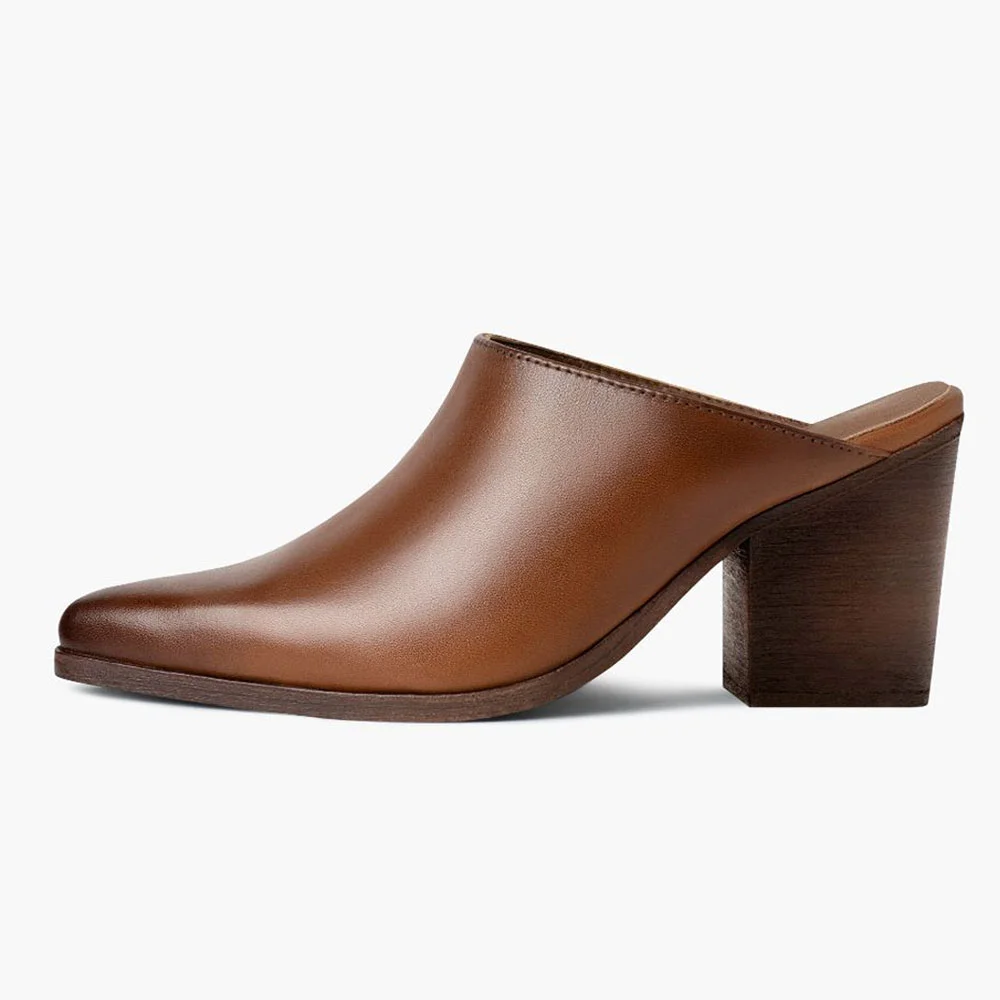 Slip-On Pointed Toe Chunky Heel Women's Mules Shoes in Brown