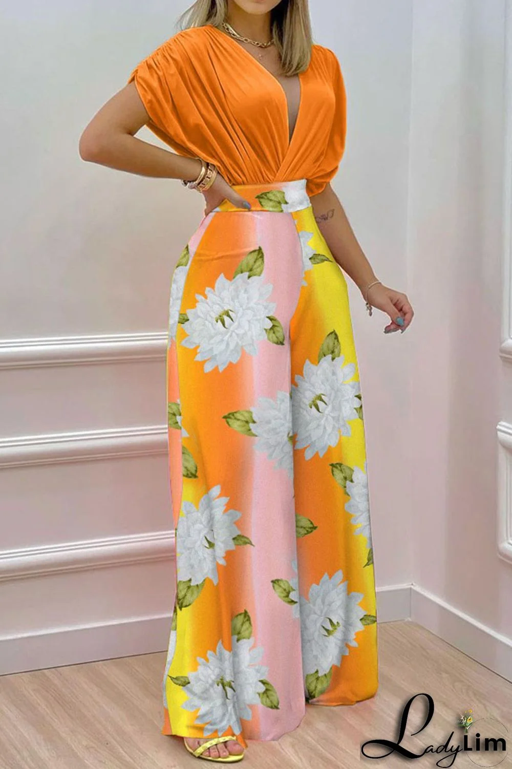 Green Casual Print Split Joint V Neck Short Sleeve Two Pieces