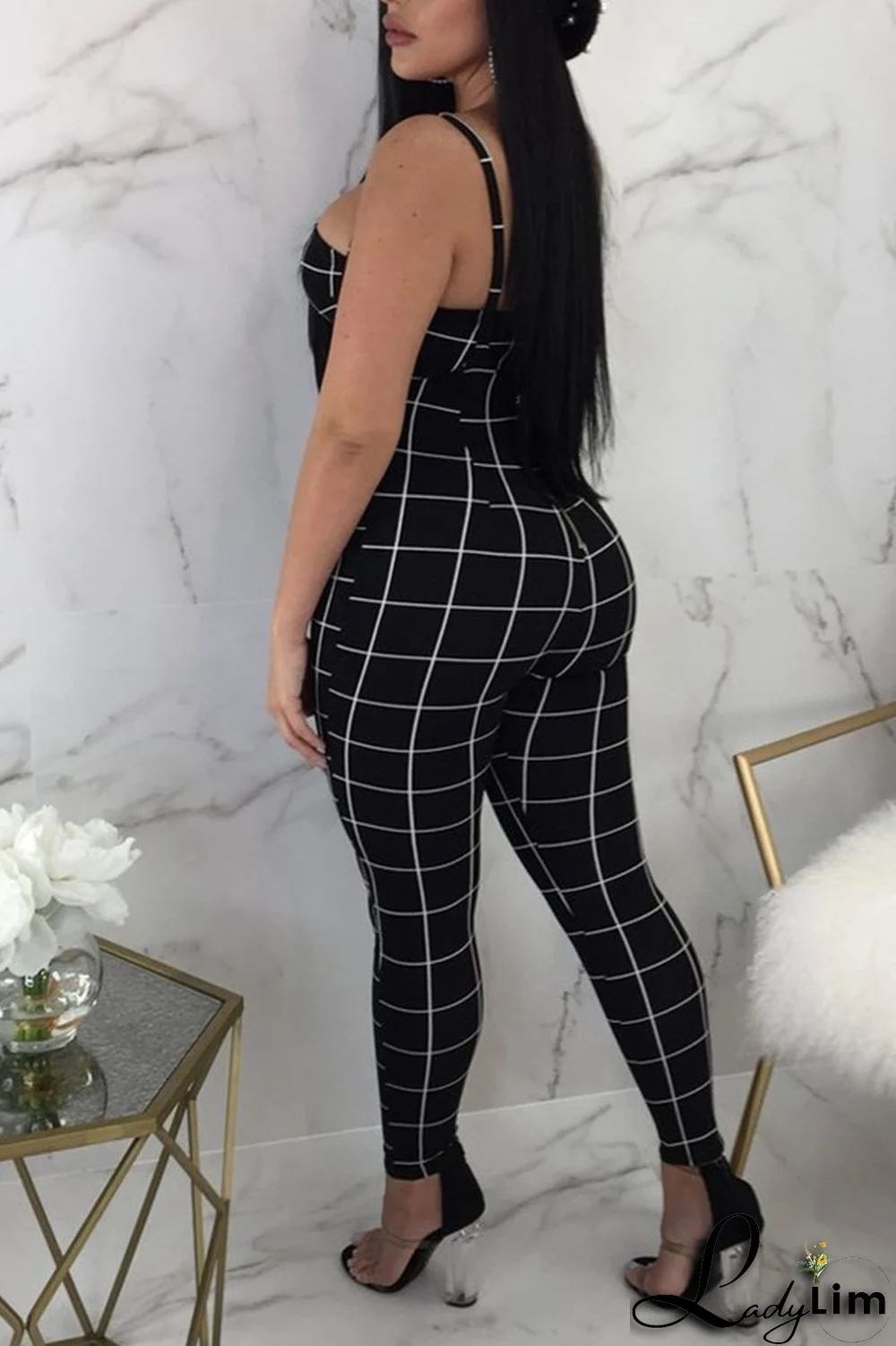 Deep Blue Sexy Plaid Print Split Joint Spaghetti Strap Sleeveless Two Pieces