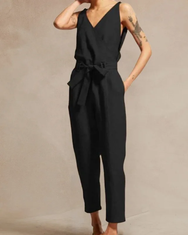 Women's V-neck cotton and linen casual trousers elegant workwear jumpsuit