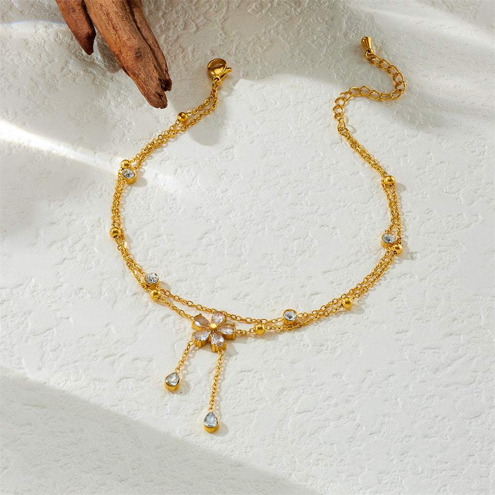 Fashionable Diamond-Studded Five-Petal Flower Chain Tassel Stacking Double-Layer Stainless Steel Gold-Plated Thin Chain Anklet