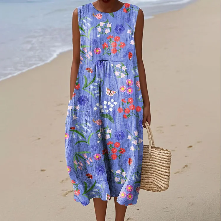 Women's Vintage Flower Art Print Sleeveless Cotton Pocket Wrap Dress