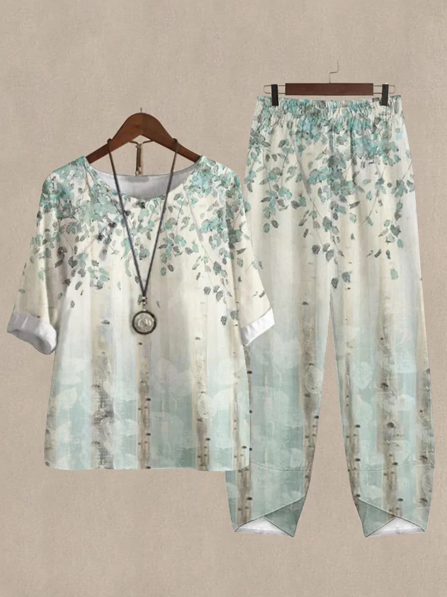 Women's Leaves Print Half Sleeve Top And Casual Pants Linen Two Pieces