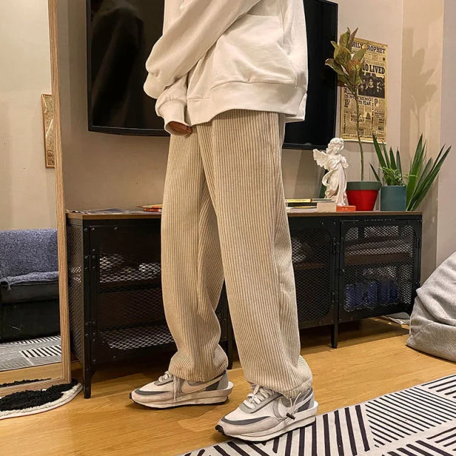Man Casual Tie Leg Straight Pants Woman Corduroy Solid Color Oversize Trousers Man Warm Korean Streetwear Pants