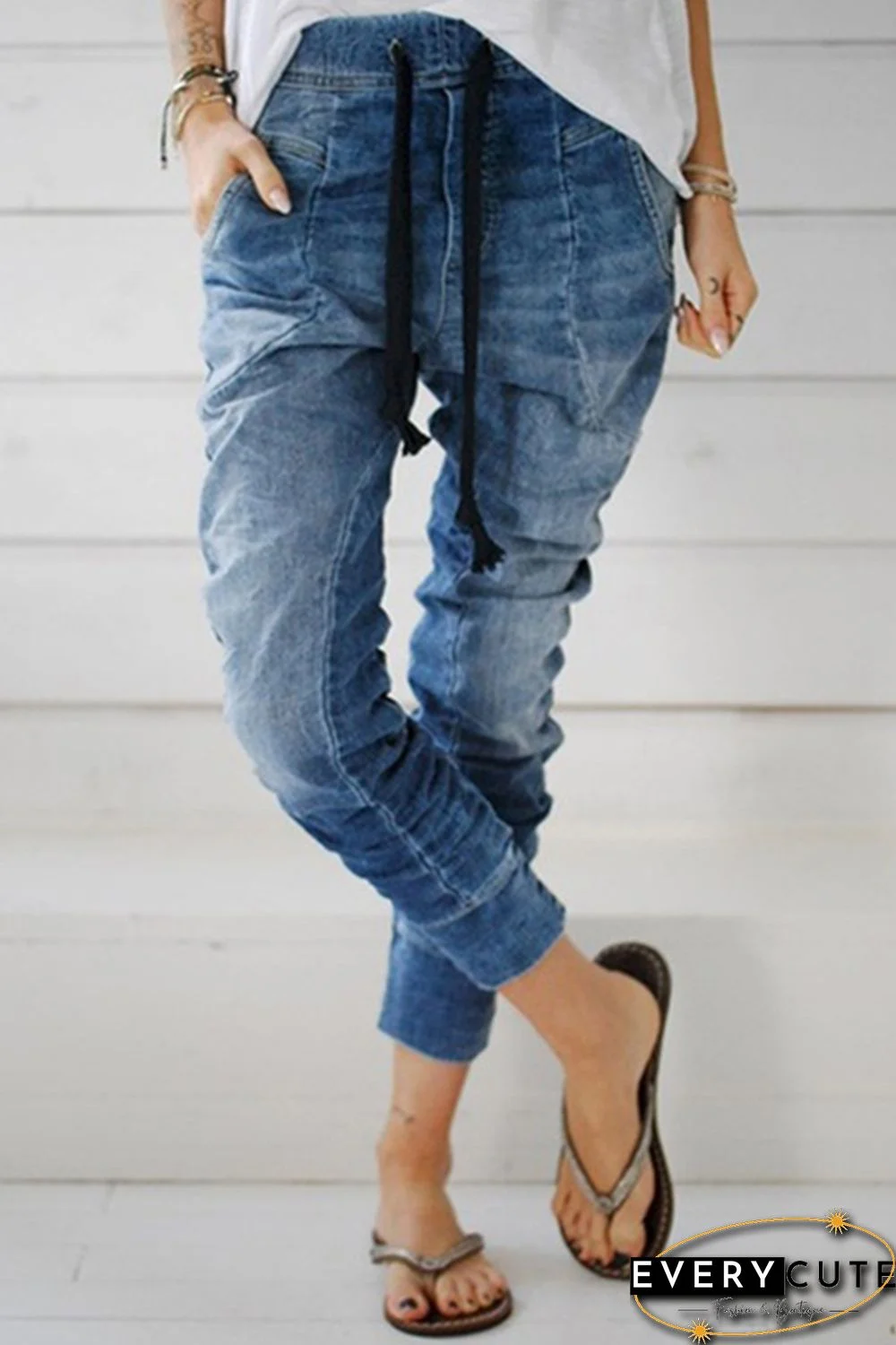 Light Blue Drawstring Elastic Waist Jogger Jeans