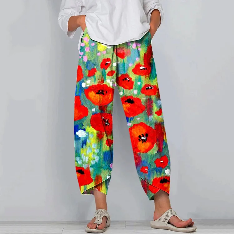 Comstylish Colorful Flowers Print Casual Cotton And Linen Pants