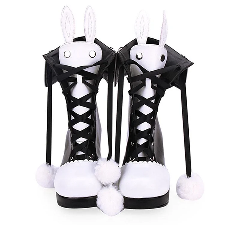 Bunny Ears Lace-up Fuzzy Ball Collar High Heel Lolita Boots - Modakawa Modakawa