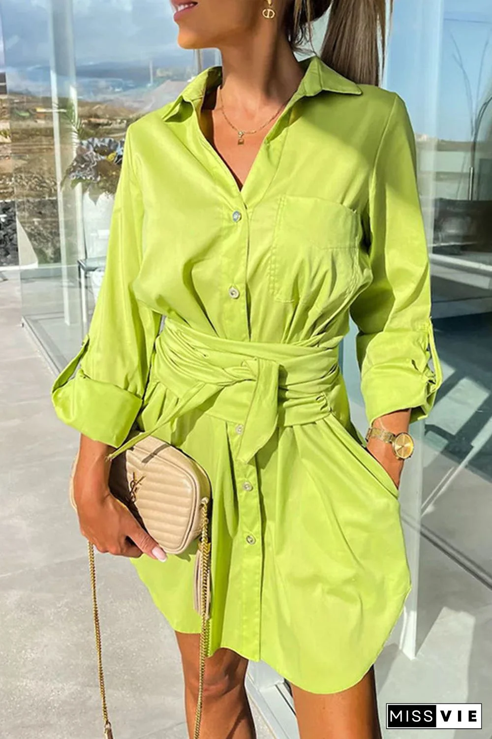 Casual Simplicity Solid Pocket Shirt Collar Shirt Dress Dresses