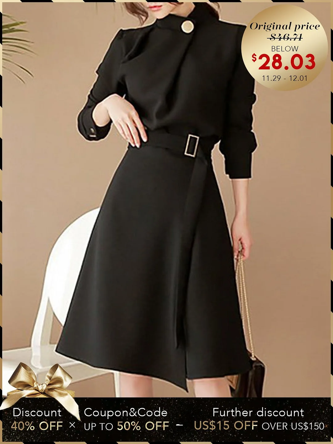 Black Statement A-Line Work Folds Cocktail Midi Dress