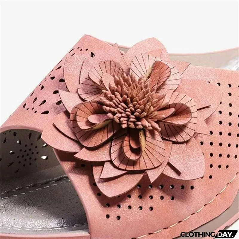 Women's Cute Soft Footbed Floral Deco Cutout Non-Slip Wedge Slippers