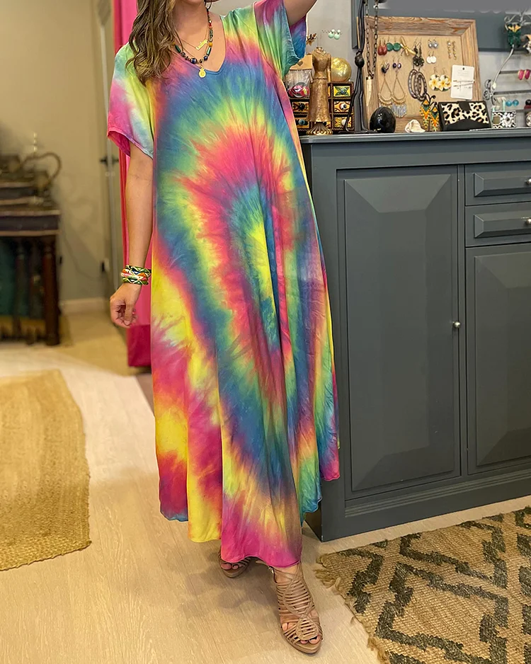 Tie-Dye Printed Large Round Neck Dress