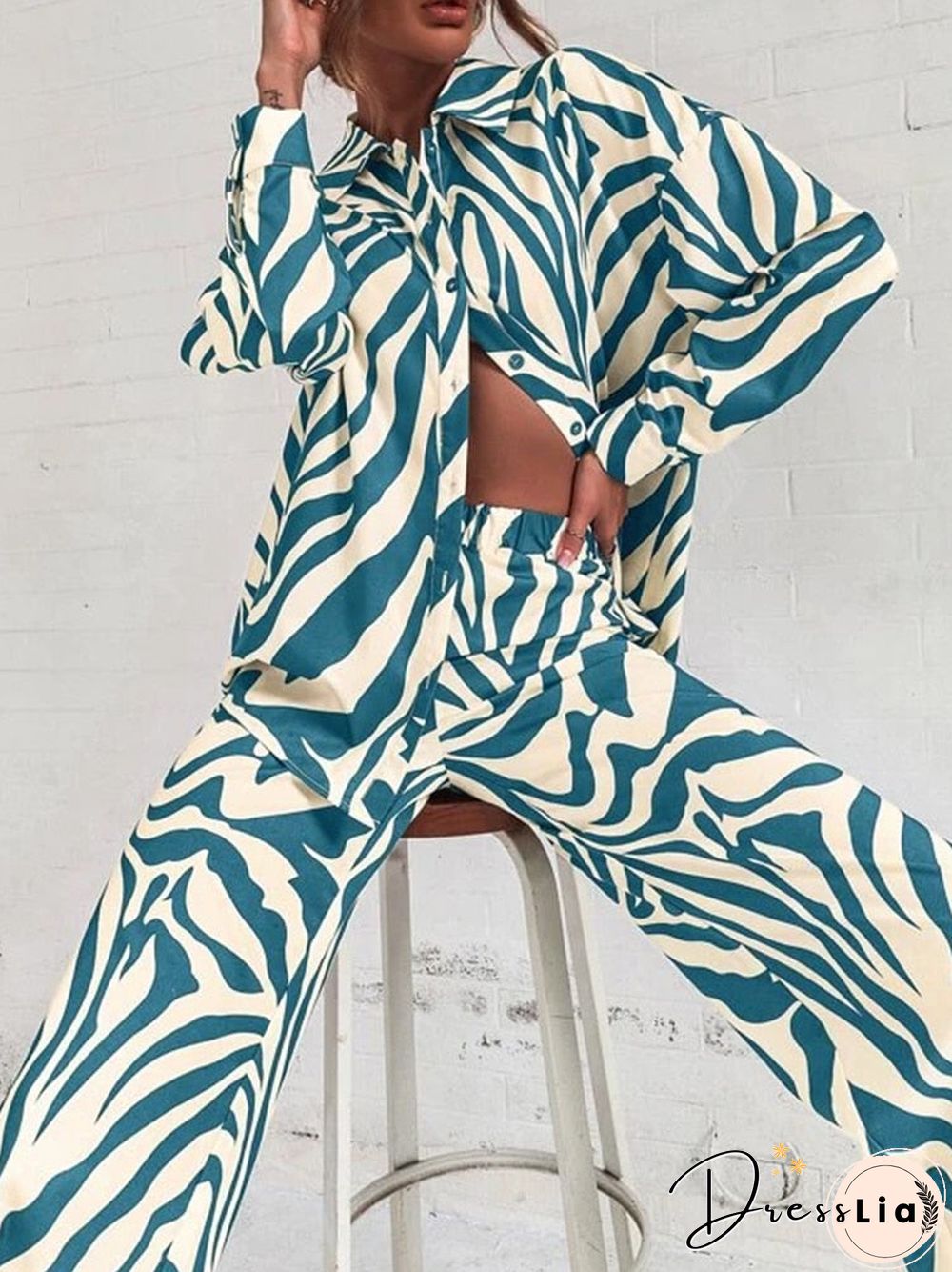 Spring Summer Women Shirt Suits New Cute Fashion High Street Flower Print Long Sleeve Lapel Cardigan + Long Pants Two Piece Set