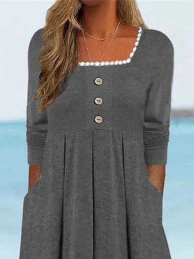 Women's Long Sleeve Square Collar Lace Stitching Midi Dress