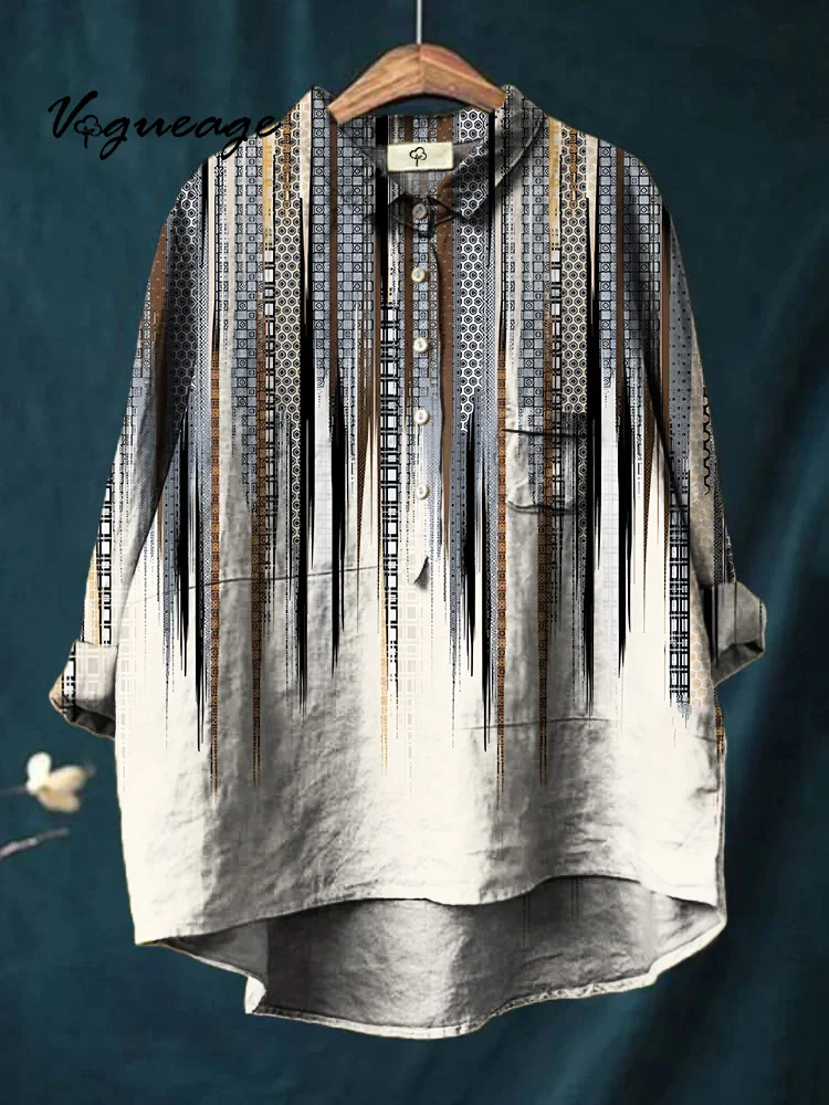 Striped Geometric Print Lapel Cotton And Linen Women Shirt