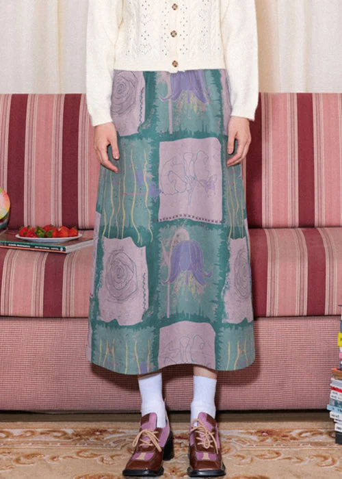 Slim Fit Blue Print High Waist Cotton Skirt Spring