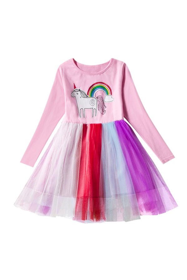 Fashion Sweet Long Sleeve Unicorn Print Mesh Dress For Kids Girls-elleschic