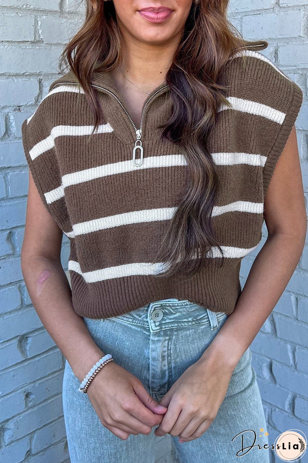 Cozy Brown Striped Zip-Up Collared Cap Sleeve Sweater Top