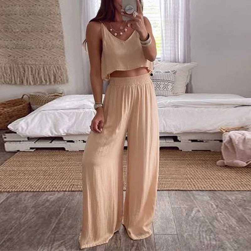 Women Sexy Sleeveless Backless Homewear Two Piece Set Summer Fashion Elegant Straps Top And Wide Leg Pants Suit Outfit Plus Size
