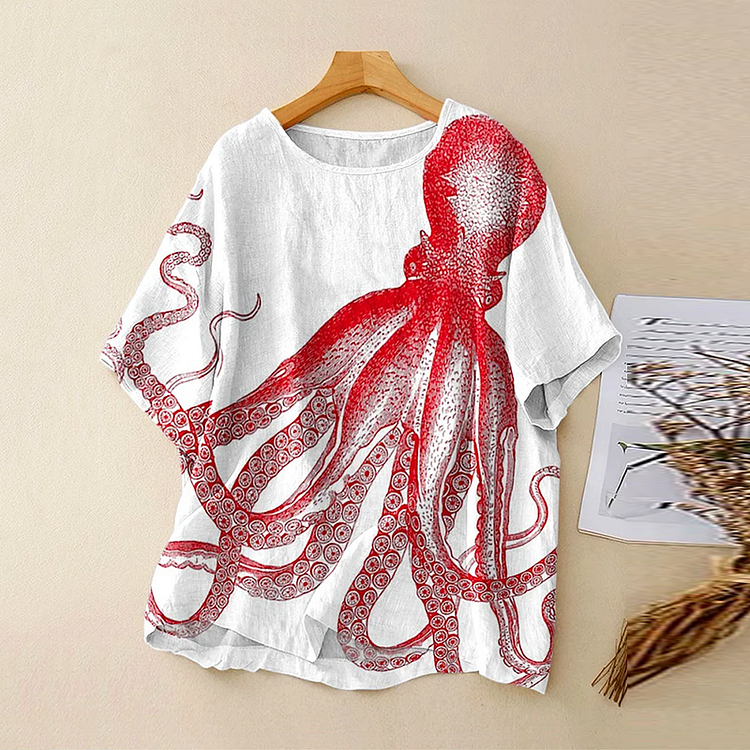 Vintage Bohemian Abstract Octopus Linen Art Print Short Sleeve Round Neck Shirt