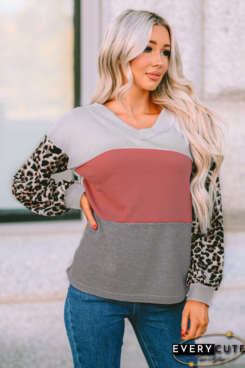 Red Wild Leopard Contrast Sleeve Colorblock Waffle Knit Top