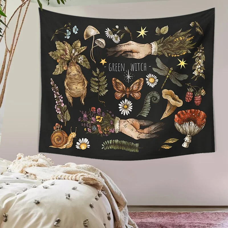 Vintage magic plants Tapestry Wall Hanging mandrake root witch hands Mushroom Chart Bohemian Tapestries Witchcraft Home Decor