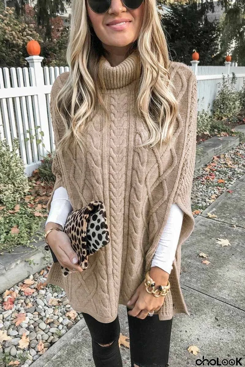 High Neck  Cable Knit Poncho
